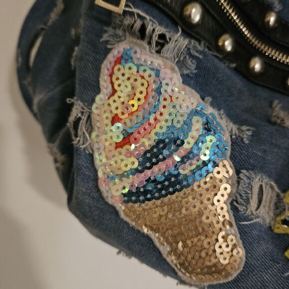 Unique Stunning Backpack. Distressed Soft Denim. Patches. Embroidery Bling Euc - Picture 4 of 13